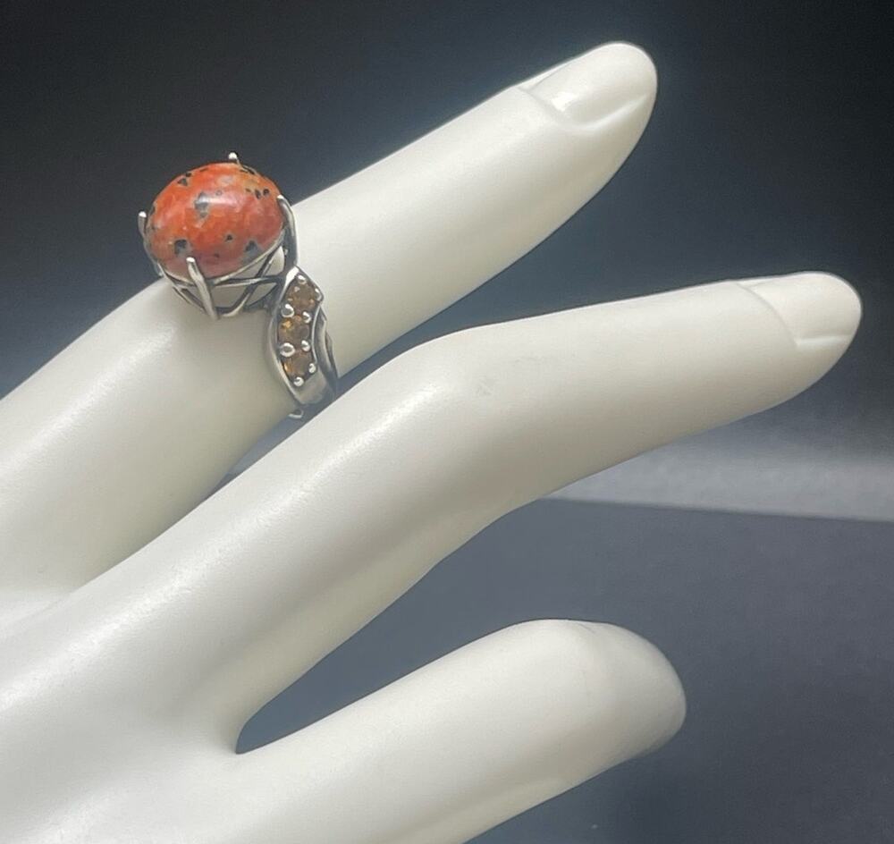 BCBS 925 Ring Size 6 Sterling Silver Orange Black Gemstone Cabochon with Citrine